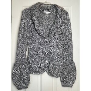 Vintage Vertigo Paris Marled Knit Cardigan Black White Beaded Buttons Medium